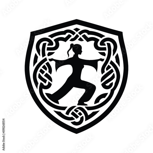 kungfu, Tai Chi  female player in celtic knot pattern illustration, emblem shield badge