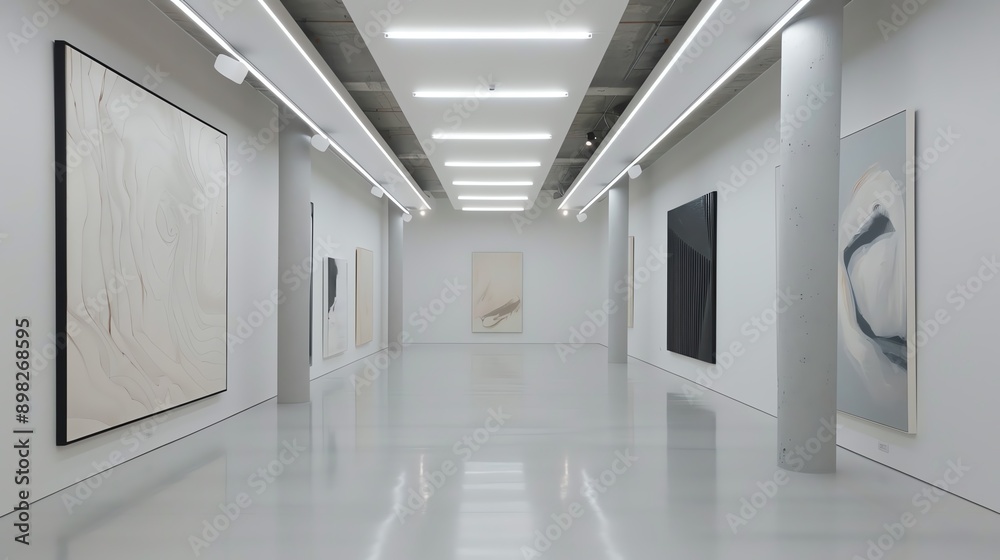 A contemporary art gallery with minimalist design and showcased artworks A contemporary art gallery with minimalist design and showcased artworks