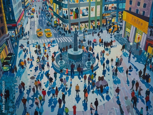 A bustling urban public square with people and activities