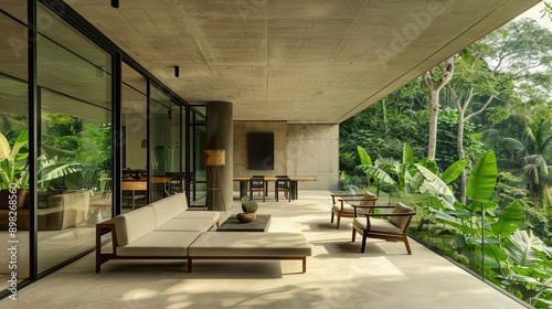 brutalistinspired concrete terrace overlooking lush tropical canopy minimalist design harmonizes with nature creating serene outdoor living space with breathtaking views © furyon