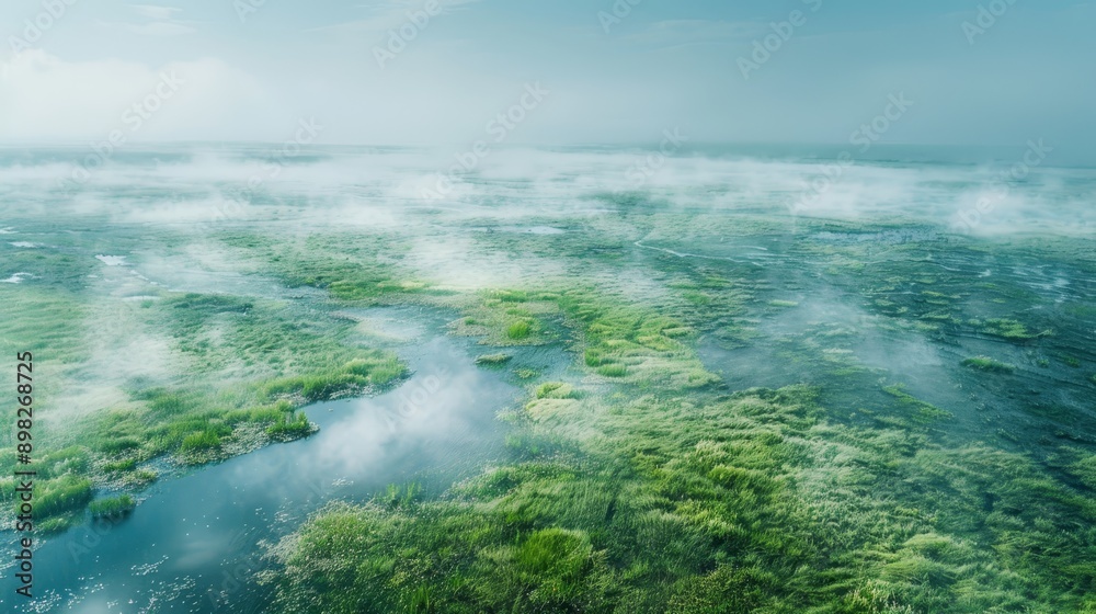 A bird's-eye perspective of a tranquil body of water encircled by verdant trees, with a distant, misty sky A bird's-eye perspective of a tranquil body of water encircled by verdant trees, with a distant, misty sky