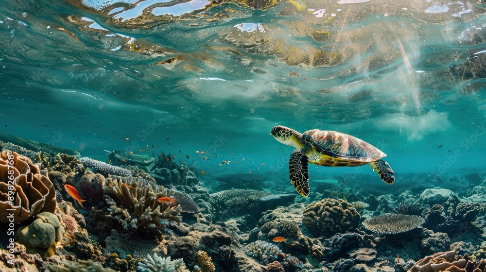 Fototapeta premium A turtle swims in the ocean along a coral reef.