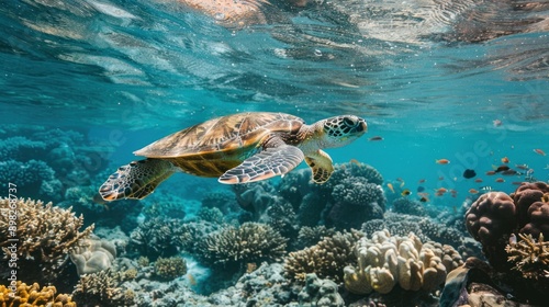 A turtle swims in the ocean along a coral reef.