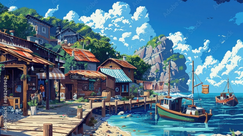 Obraz premium Pixel art fishing village, boats, wooden docks, coastal life