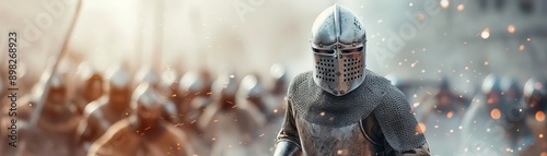 Medieval knight in armor leading an army in an epic battlefield, displaying courage and valor amidst chaos and war.