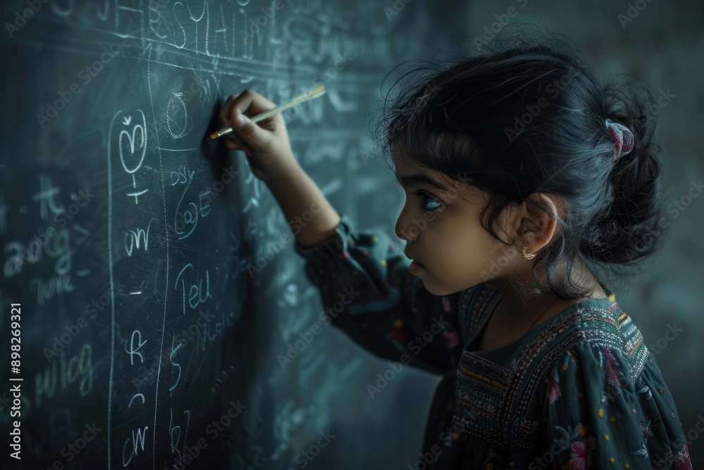 A little girl is writing a message on the blackboard. A little girl is writing a message on the blackboard.