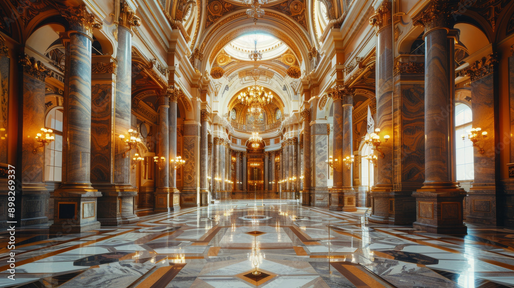 Fototapeta premium A large, ornate room with a marble floor and pillars. The room is filled with potted plants and has a warm, inviting atmosphere
