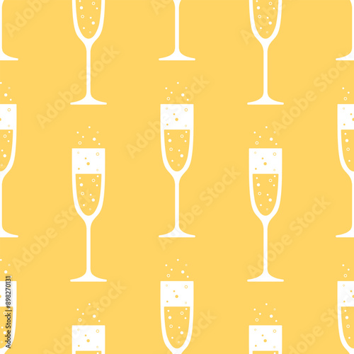 Glasses of champagne seamless pattern. White minimal drawings on beige background. Best for textile, wallpapers, wrapping paper, package and bar decoration.