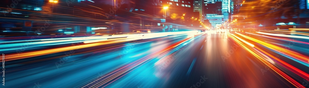 Dynamic Night Cityscape with Blurred Motion of Traffic Lights and Modern Skyscrapers Dynamic Night Cityscape with Blurred Motion of Traffic Lights and Modern Skyscrapers