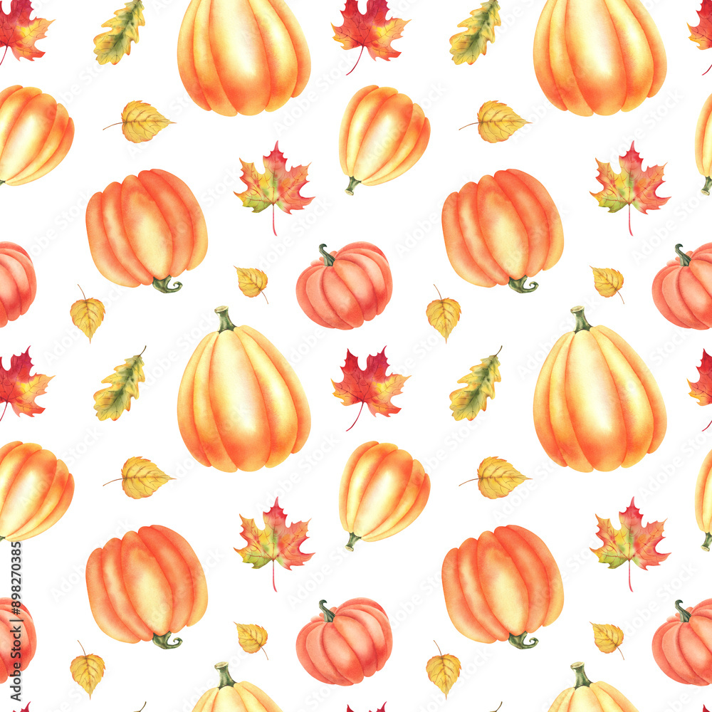 Pumpkins and autumn leaves watercolor illustration hand painted. Seamless pattern of autumn pumpkins in boho style. A template for decoration for Thanksgiving and Halloween.