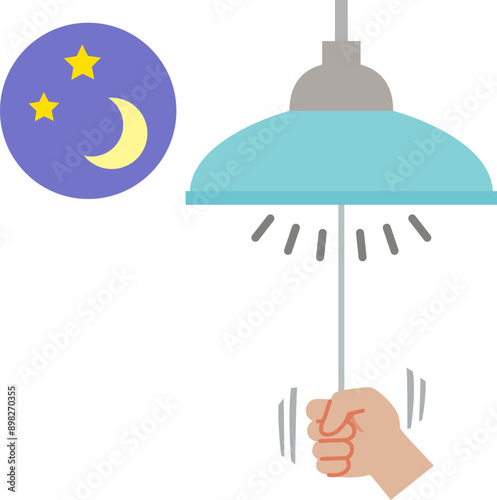 夜にペンダントライトのひもを引いて消灯する手