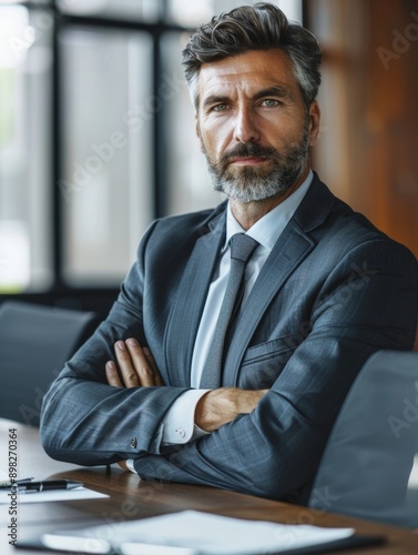 A professional man sits at a desk, arms crossed, focused on his work