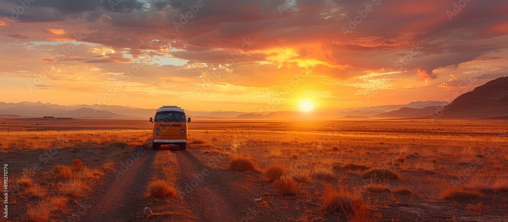 custom made wallpaper toronto digitalVibrant Sunset Over Desert Landscape with Vintage Van on Dirt Road
