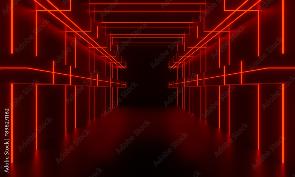 Red neon tunnel. Black background with neon lights. Red neon tunnel. Black background with neon lights.