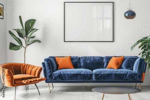contemporary scandinavian living room cobalt blue velvet sofa juxtaposed with tangerine leather armchair minimalist art frame on crisp white wall sleek design meets bold color