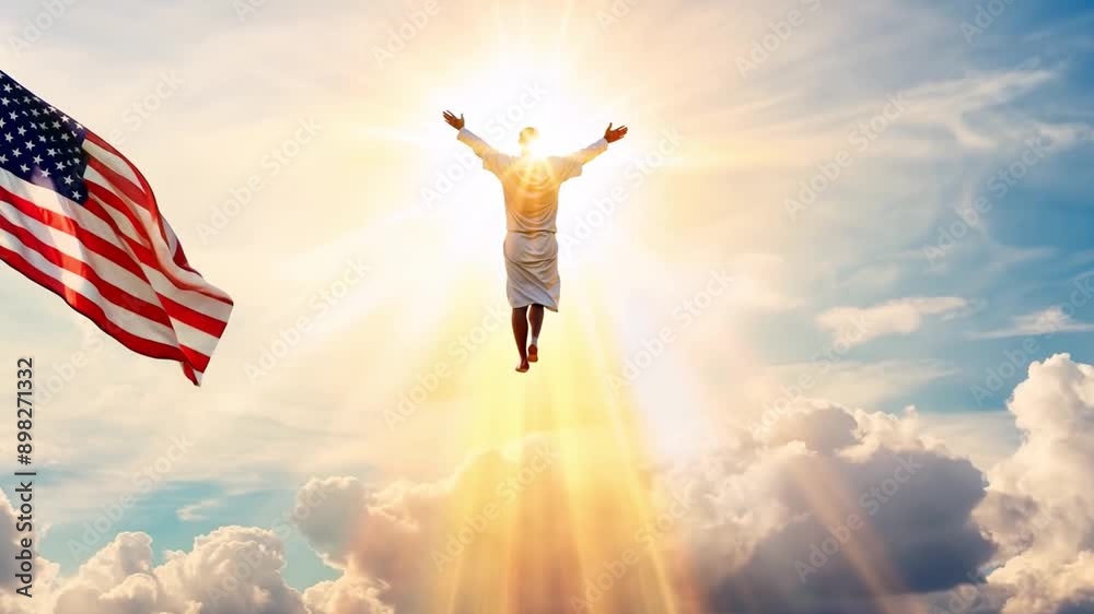 Jesus with arms stretched floating towards the holy light, american flag waving, concept of holy land and spirituality Jesus with arms stretched floating towards the holy light, american flag waving, concept of holy land and spirituality
