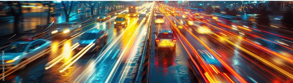 Busy Urban Street at Night with Colorful Light Trails from Moving Cars and Reflections on Wet Road Busy Urban Street at Night with Colorful Light Trails from Moving Cars and Reflections on Wet Road