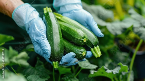 The gloved hands holding zucchini photo