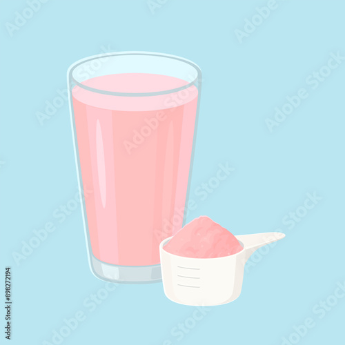 Protein shake with strawberry flavour. Drink in glass and protein powder in measuring spoon. Vector cartoon flat illustration.