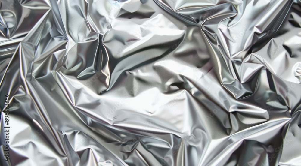 Crumpled metallic silver foil texture background, top view. Surface of aluminium foil sheet with wavy pattern. Crumpled metallic silver foil texture background, top view. Surface of aluminium foil sheet with wavy pattern.