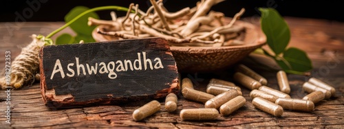Ashwagandha capsules supplements on the table. Selective focus.