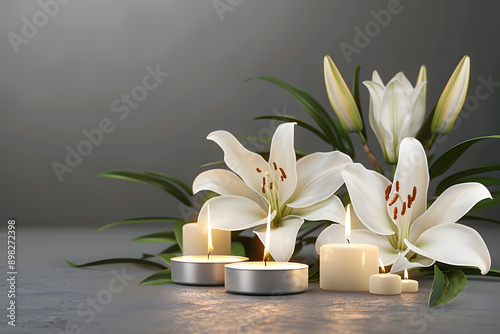 Funeral banner design featuring burning candles and white lilies on a grey background