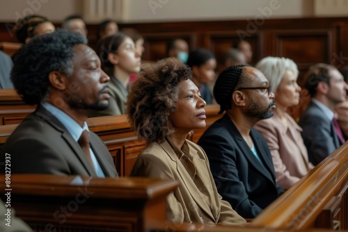 diverse group of jurors seated in a woodpaneled courtroom attentive expressions varied ages and ethnicities soft natural light from high windows creates dramatic shadows © furyon