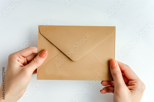 Woman's hands holding a blank envelope, front side to the camera, on white background