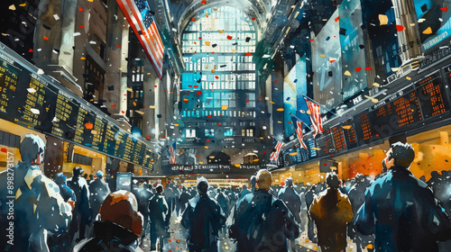 A crowded train station with people walking around