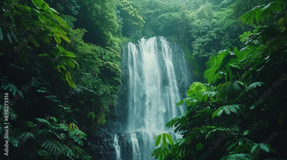  A substantial waterfall lies centered in a densely wooded area, surrounded by an abundance of trees and verdant foliage on both sides