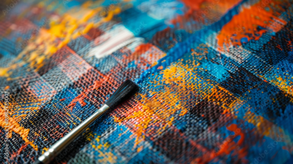 Fototapeta premium A paintbrush is on a piece of fabric with a variety of colors