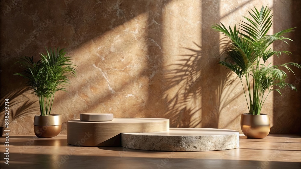 Natural stone podium for beauty and spa cosmetic brand display on brown background wall with plant shadow. Luxury granite material and neutral aesthetic interior scene for product placement. Natural stone podium for beauty and spa cosmetic brand display on brown background wall with plant shadow. Luxury granite material and neutral aesthetic interior scene for product placement.