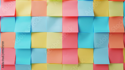 A colorful mosaic of sticky notes creating a playful, geometric pattern on a wall, inspiring creativity and organization.