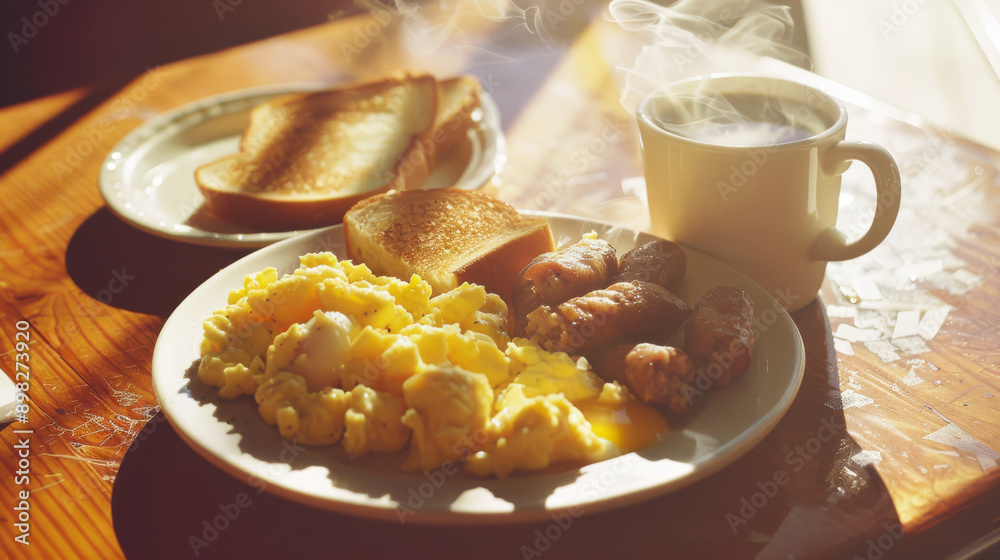 A hearty breakfast featuring scrambled eggs, sausages, and toast, accompanied by a steaming cup of coffee, is lit by warm morning sunlight. A hearty breakfast featuring scrambled eggs, sausages, and toast, accompanied by a steaming cup of coffee, is lit by warm morning sunlight.