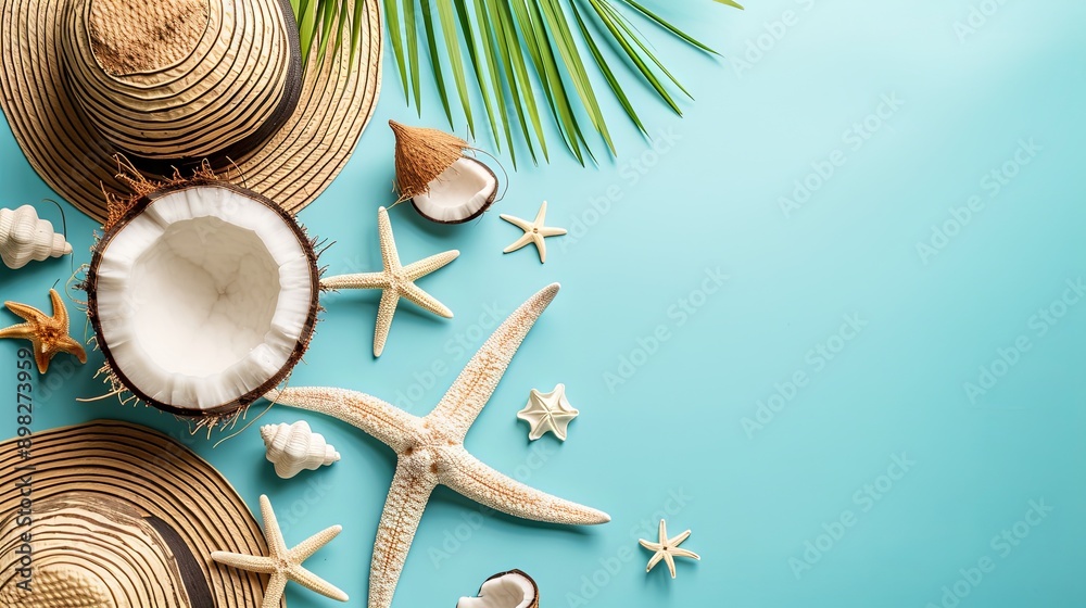Summer holiday concept with hat, seashells, starfish Summer holiday concept with hat, seashells, starfish