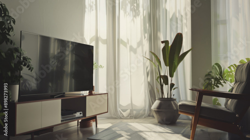 Sunlight floods a stylish living room, highlighting a modern entertainment unit, lush plants, and a cozy armchair.