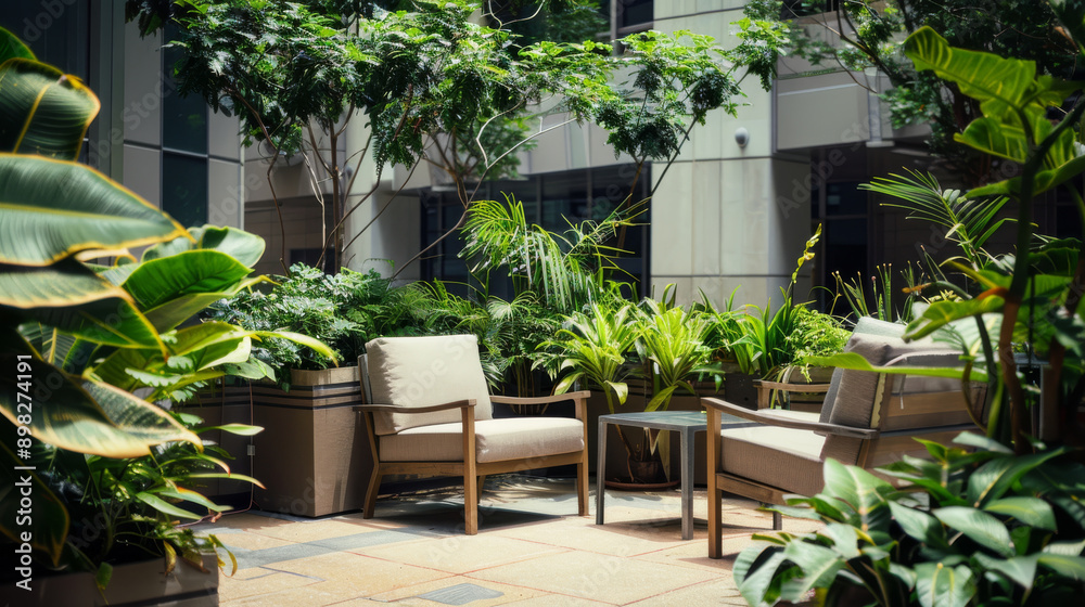 Fototapeta premium A quaint urban courtyard featuring plush outdoor furniture and lush green plants, creating a serene and inviting pocket of nature amidst the city.