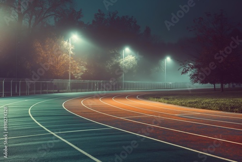 Empty running track at night, foggy fresh early morning