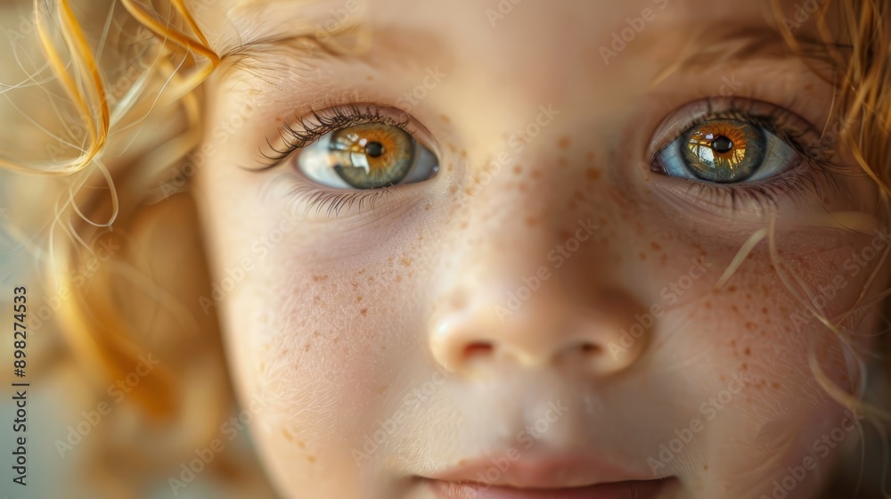 Fototapeta premium A tight shot of a child's face adorned with freckles, including those around the eyes