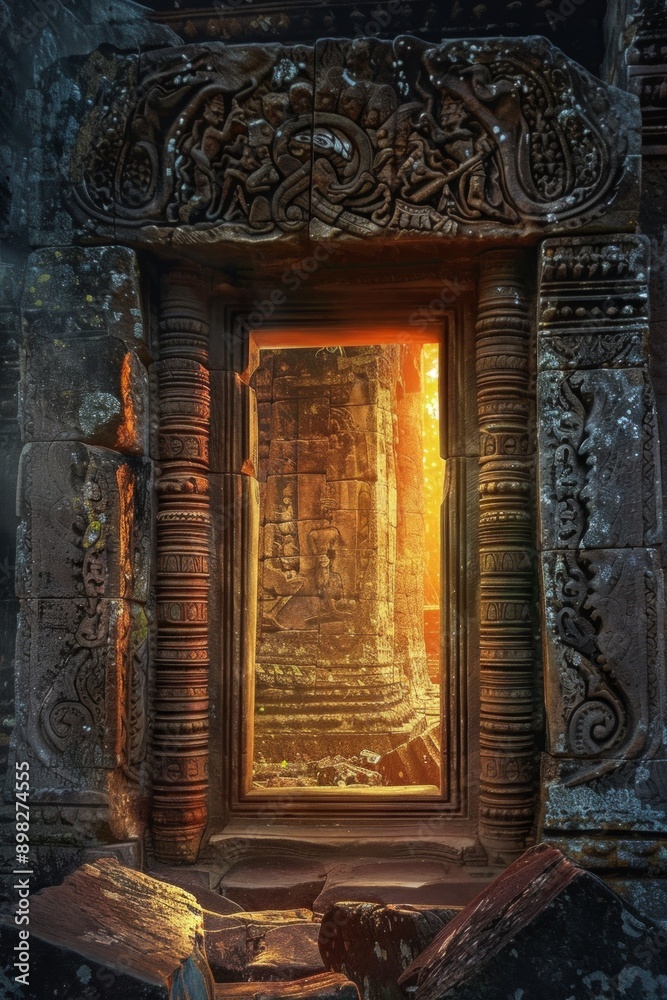 Ancient Temple Portal. A frame of weathered stone with ancient carvings and runes. The center is a mystical, glowing doorway. Ancient Temple Portal. A frame of weathered stone with ancient carvings and runes. The center is a mystical, glowing doorway.