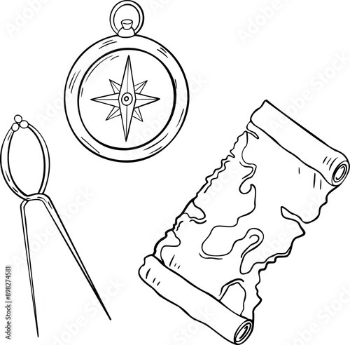 Ancient map in roll black and white vector illustration isolated. Navigation retro items silhouette drawn by ink . Nautical line art with compass, map and divider in contour