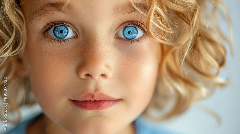 A tight shot of a child's freckled face with blond hair and blue eyes A tight shot of a child's freckled face with blond hair and blue eyes