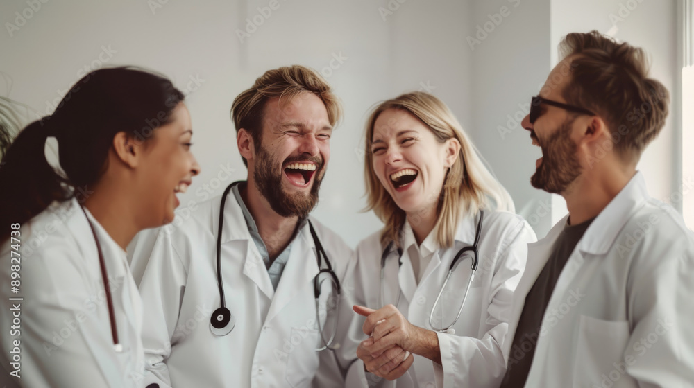 A group of doctors laughing heartily, wearing white coats with stethoscopes around their necks, sharing a moment of joy in a bright, modern clinic. A group of doctors laughing heartily, wearing white coats with stethoscopes around their necks, sharing a moment of joy in a bright, modern clinic.