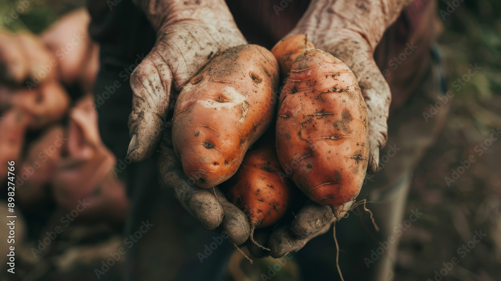 Hands stained with soil hold a collection of fresh, earthy sweet potatoes, reflecting the ruggedness of farm life. Hands stained with soil hold a collection of fresh, earthy sweet potatoes, reflecting the ruggedness of farm life.