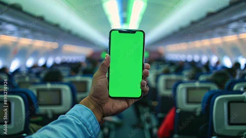 man holding showing smartphone with green screen in blurred airplane, perfect for showcasing apps and mobile technology, vertical phone orientation, travel and navigation man holding showing smartphone with green screen in blurred airplane, perfect for showcasing apps and mobile technology, vertical phone orientation, travel and navigation