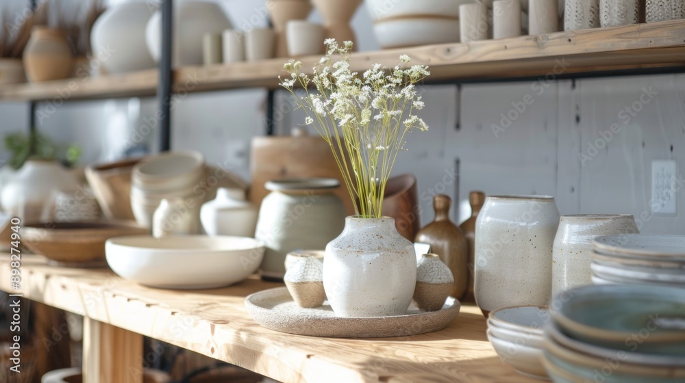 Ceramic pottery display on wooden shelves Ceramic pottery display on wooden shelves