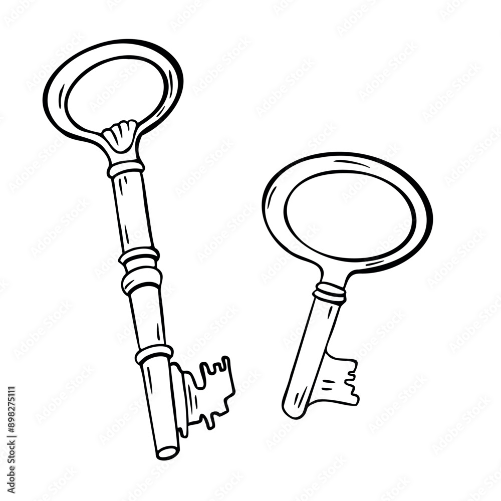 Rusty old keys black and white vector illustration isolated. Lock key silhouette drawn by ink . Adventure line art with vintage keys. Elements in contour for maritime design Rusty old keys black and white vector illustration isolated. Lock key silhouette drawn by ink . Adventure line art with vintage keys. Elements in contour for maritime design