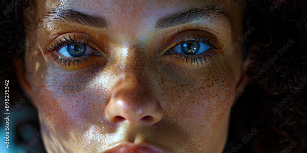 A close-up shot of the same woman's face, without any additional objects. A close-up shot of the same woman's face, without any additional objects.