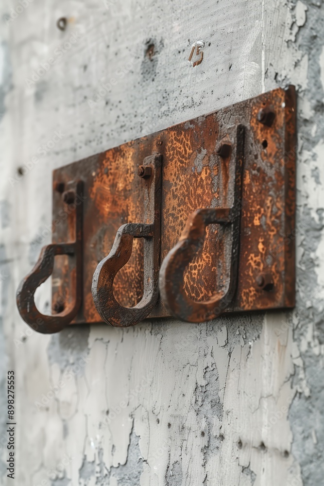 Rustic Metal Hooks on Weathered Wooden Wall - Industrial Vintage Decor with Rusty Patina and Textured Background Rustic Metal Hooks on Weathered Wooden Wall - Industrial Vintage Decor with Rusty Patina and Textured Background