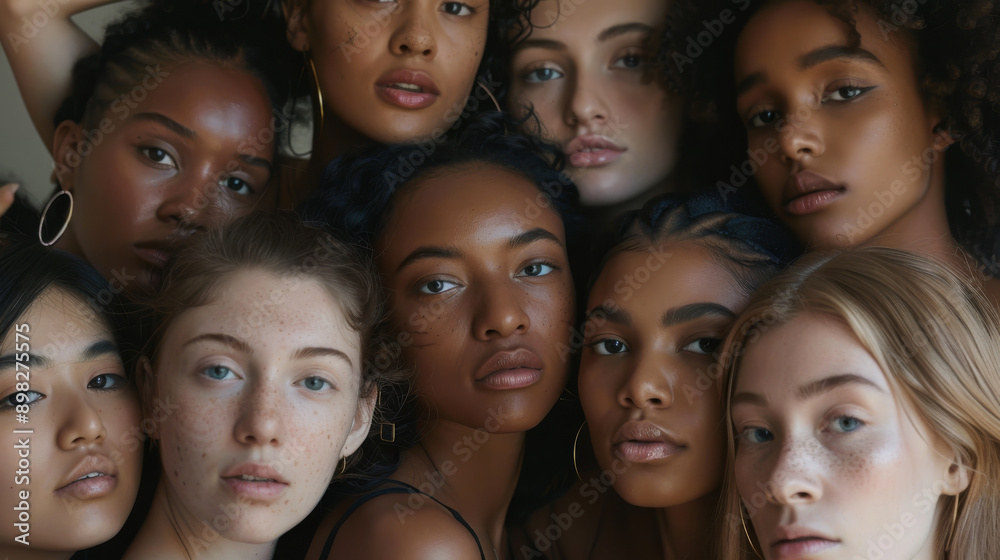 A group of diverse women with varied skin tones and facial features, posing closely together, exemplifying unity, beauty, and strength in diversity. A group of diverse women with varied skin tones and facial features, posing closely together, exemplifying unity, beauty, and strength in diversity.
